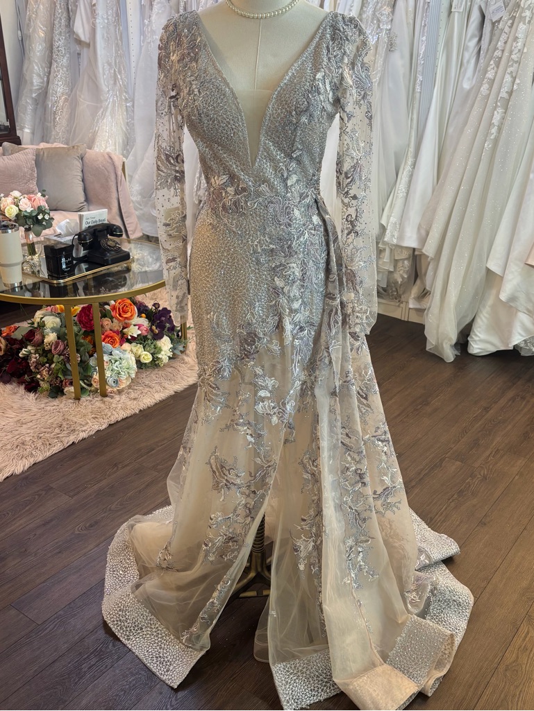 Embellished Champagne Gown With Sheer Long Sleeves